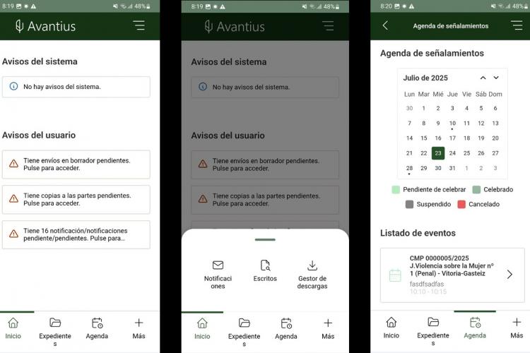 Capturas del funcionamiento de la aplicación Avantius