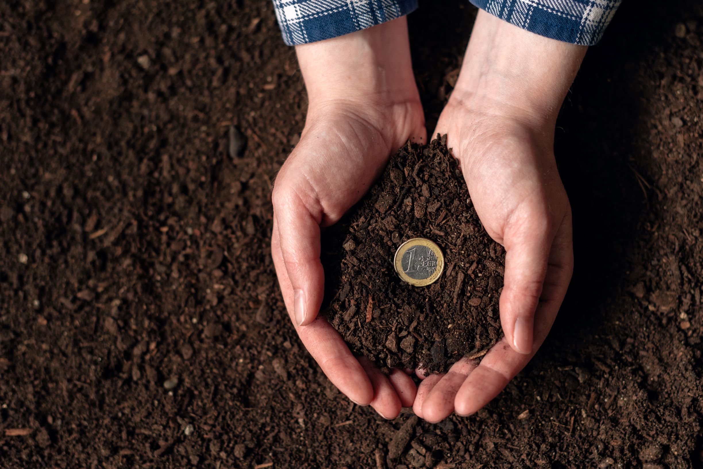 Fotografía de dos manos que recogen tierra y una moneda de euro