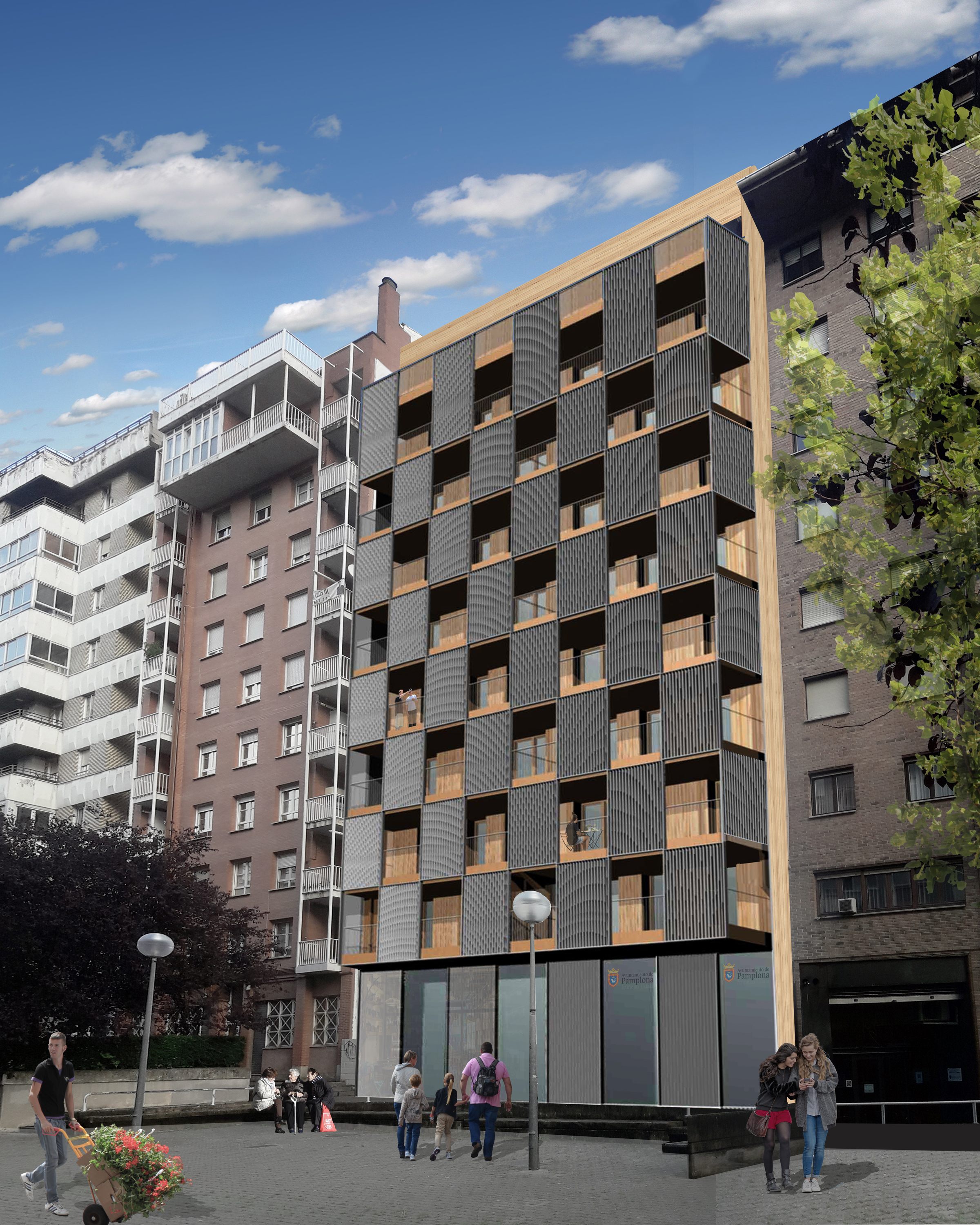 Fotografía de la recreación del futuro edificio de apartamentos para personas mayores del barrio pamplonés de Azpilagaña. 