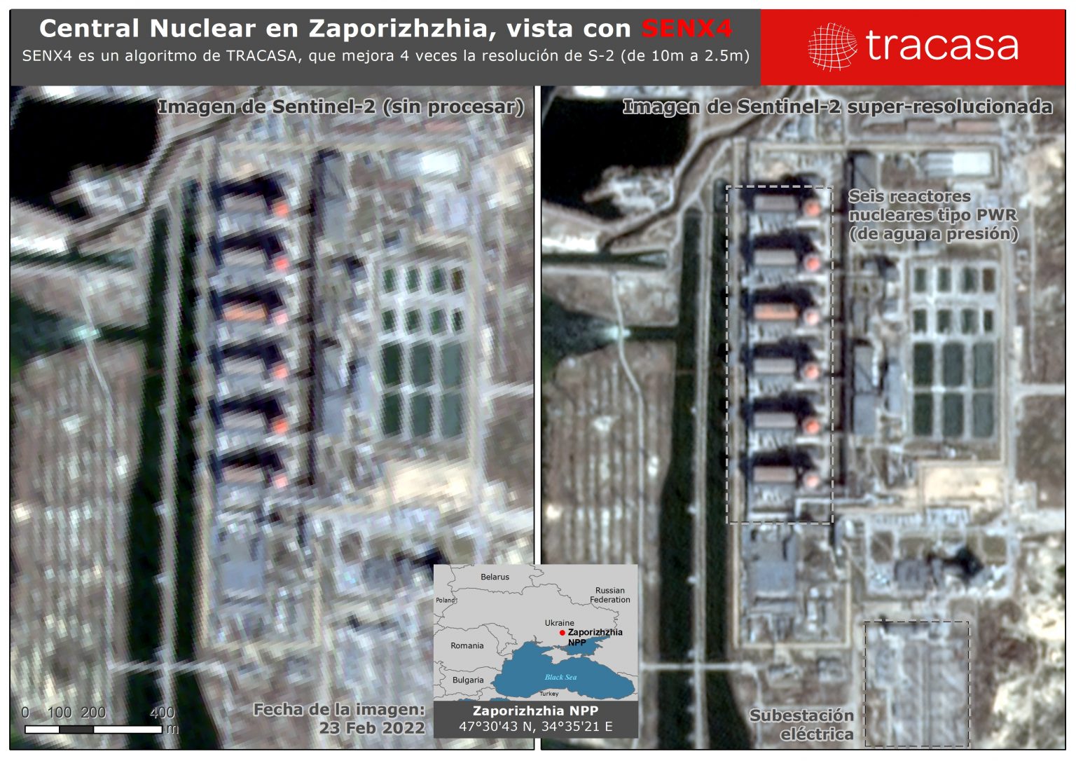 Se visualizan dos imágenes por satélite en diferentes resoluciones. Cada una ocupando la mitad de la imagen, en la que se ve la diferencia de resolución entre la imagen sin procesar que se muestra mucho más pixelada y la superresolucionada, de mayor claridad