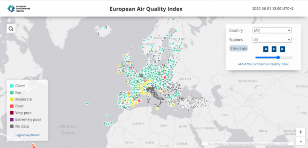 Imagen del mapa del Índice Europeo de Calidad del Aire.