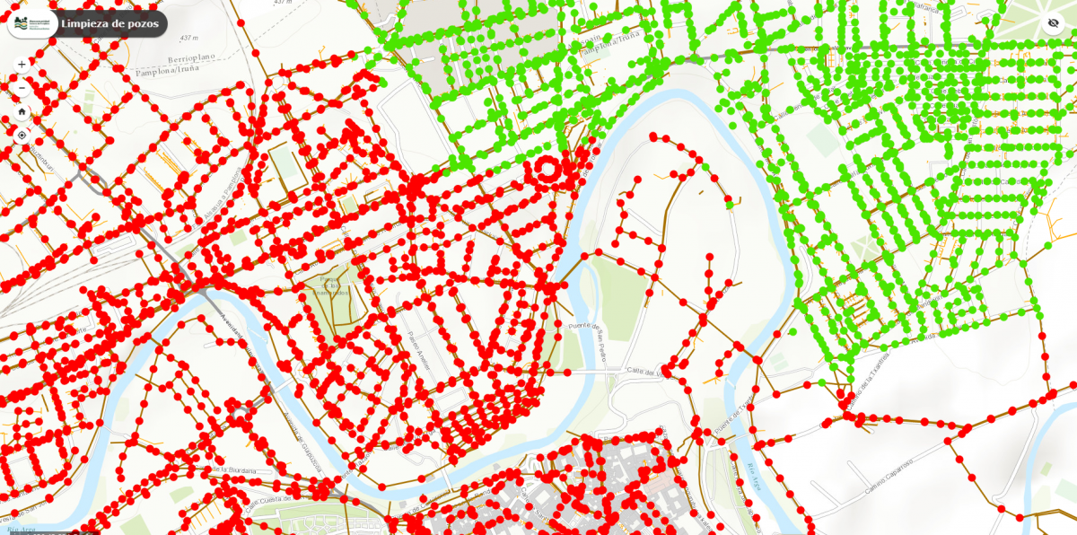 Imagen de una demo realizada por Tracasa con la tecnología Utility Network de Esri: panel de control de la limpieza de los pozos de la red de saneamiento de la Mancomunidad de la Comarca de Pamplona.