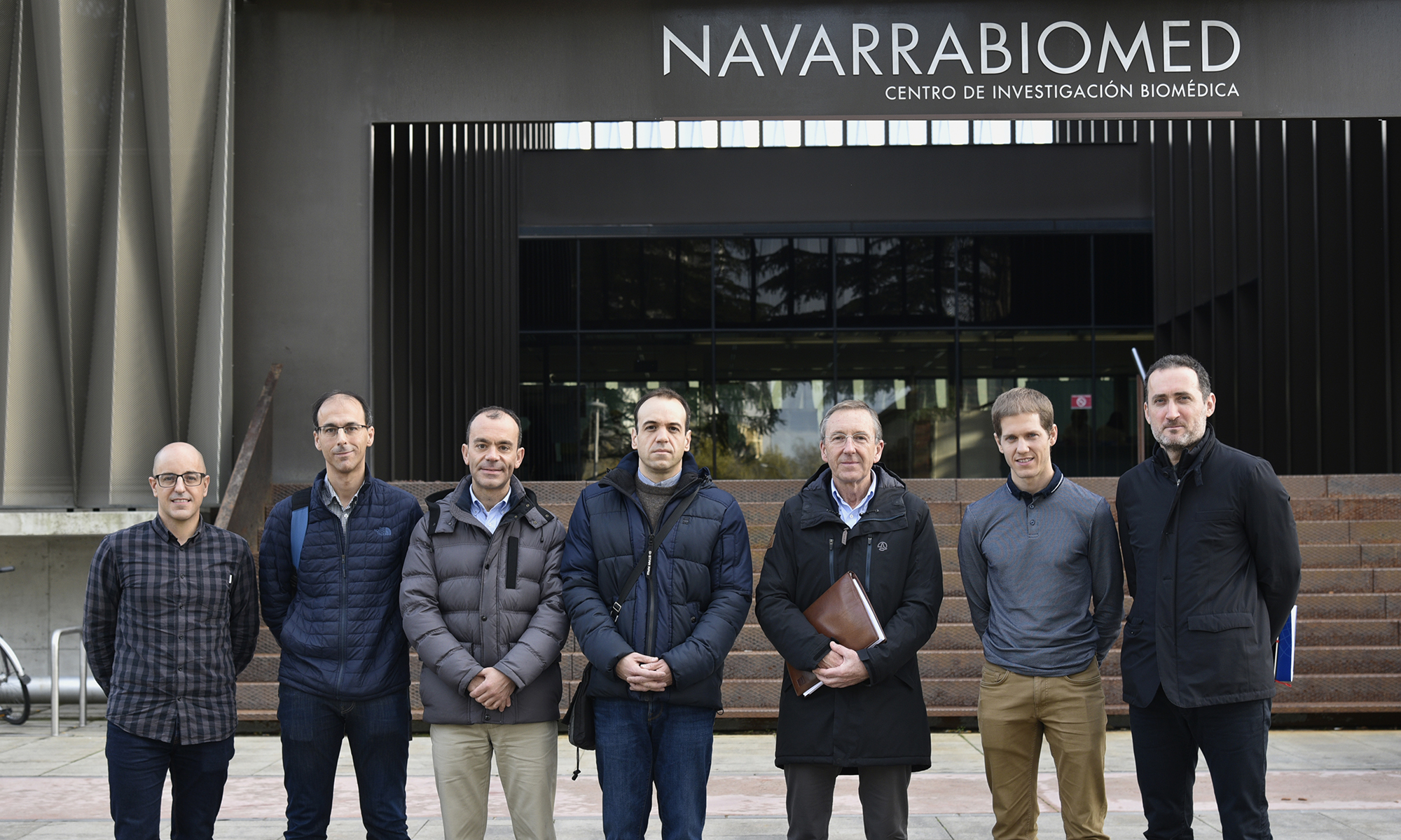 De izda. a dcha. Jorge Marín (Navarrabiomed); Juan Pablo Martínez (CHN); Gonzalo Etayo (Nasertic); Jorge Jiménez (Nasertic); Roberto Clerigué (iTracasa); Mikel Galar (UPNA) y Carlos Aranda (iTracasa).