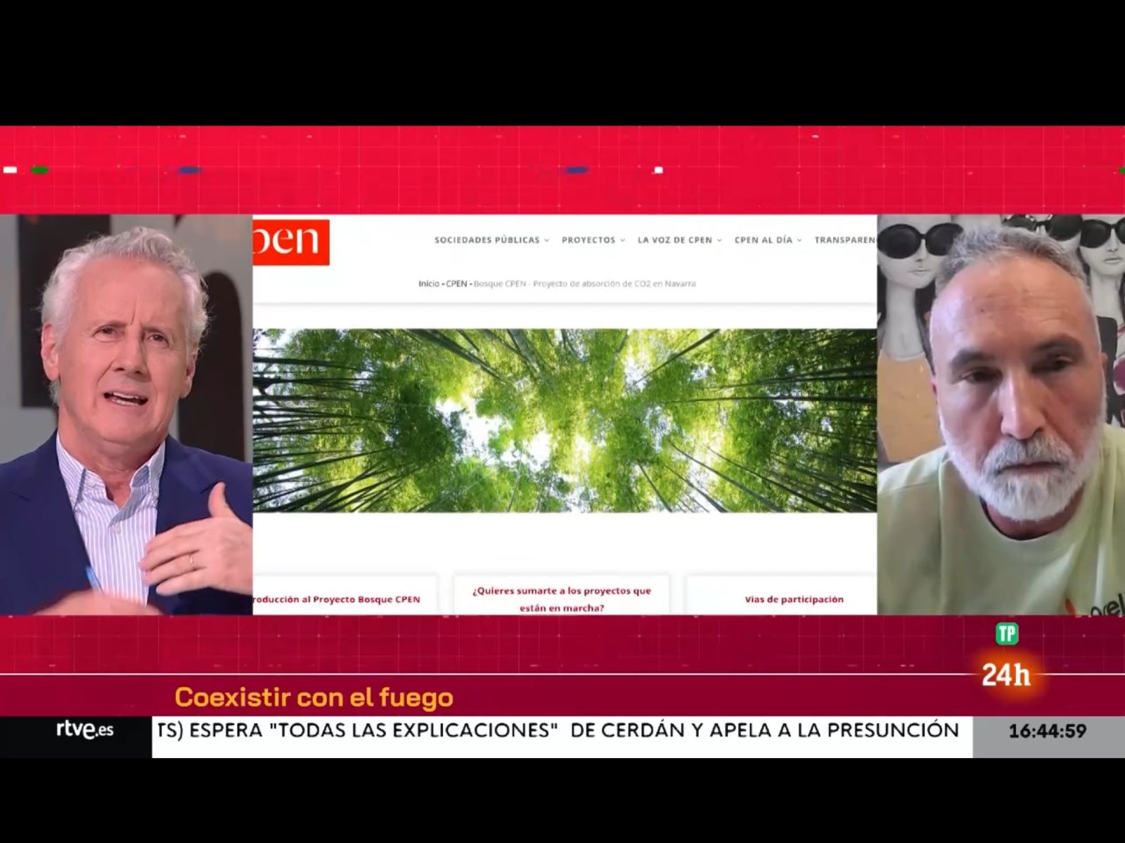 Imagen de la pantalla dividida en tres. A mano izquierda, primer plano de Lorenzo Milá; en el centro, se ve la página web del proyecto Bosque CPEN; a la derecha, primer plano de Carlos Astráin, director del área de Bosques de Orekan