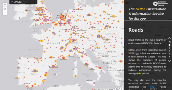 Imagen de uno de los mapas del Servicio de Observación e Información sobre el Ruido en Europa, elaborado por Tracasa con tecnología Esri para la Agencia Europea de Medio Ambiente.