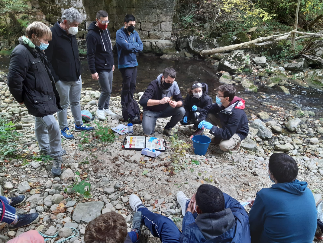 Fotografía de varios chicos en la orilla de un río analizando piedras y agua.