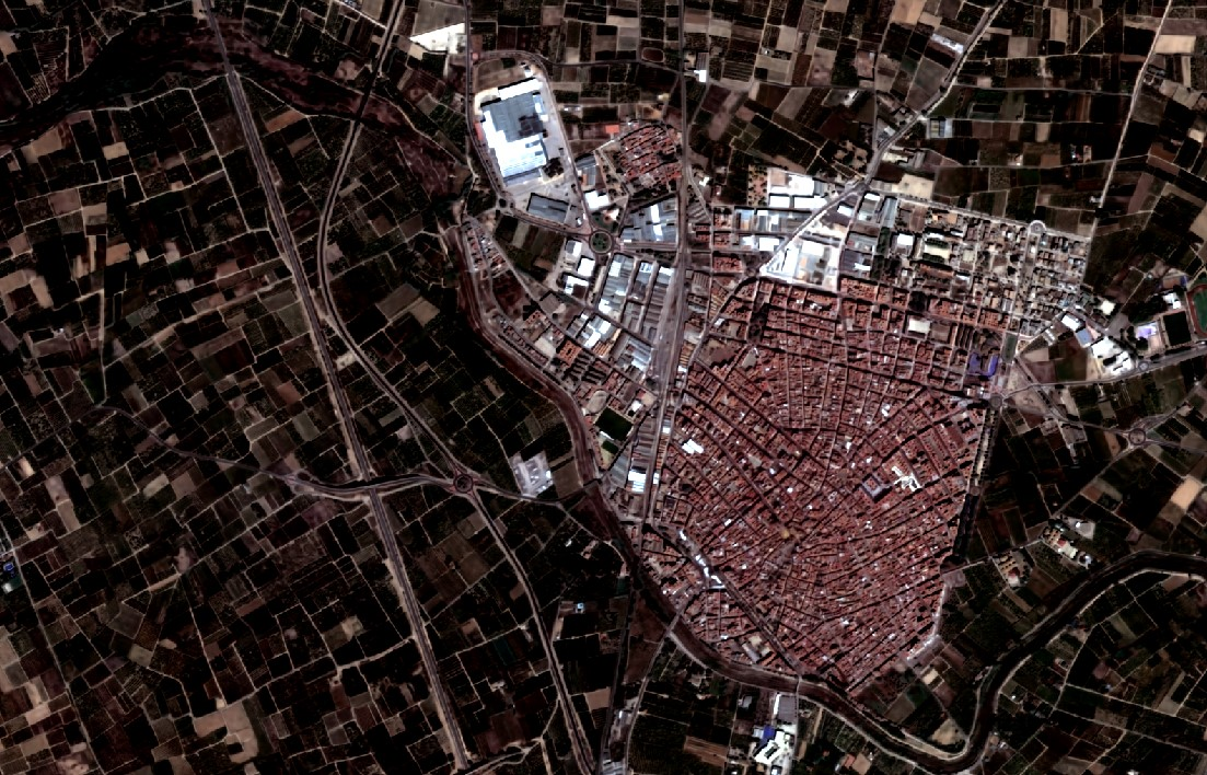 Fotografía del satélite del 1 de octubre superresolucionada de la zona de Algemesí.