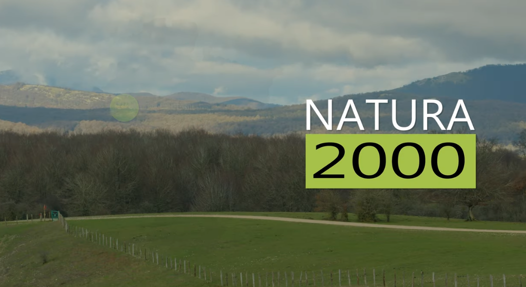 Fotografía de un paisaje donde se ven árboles, montañas y un prado,  y la frase natura 2000