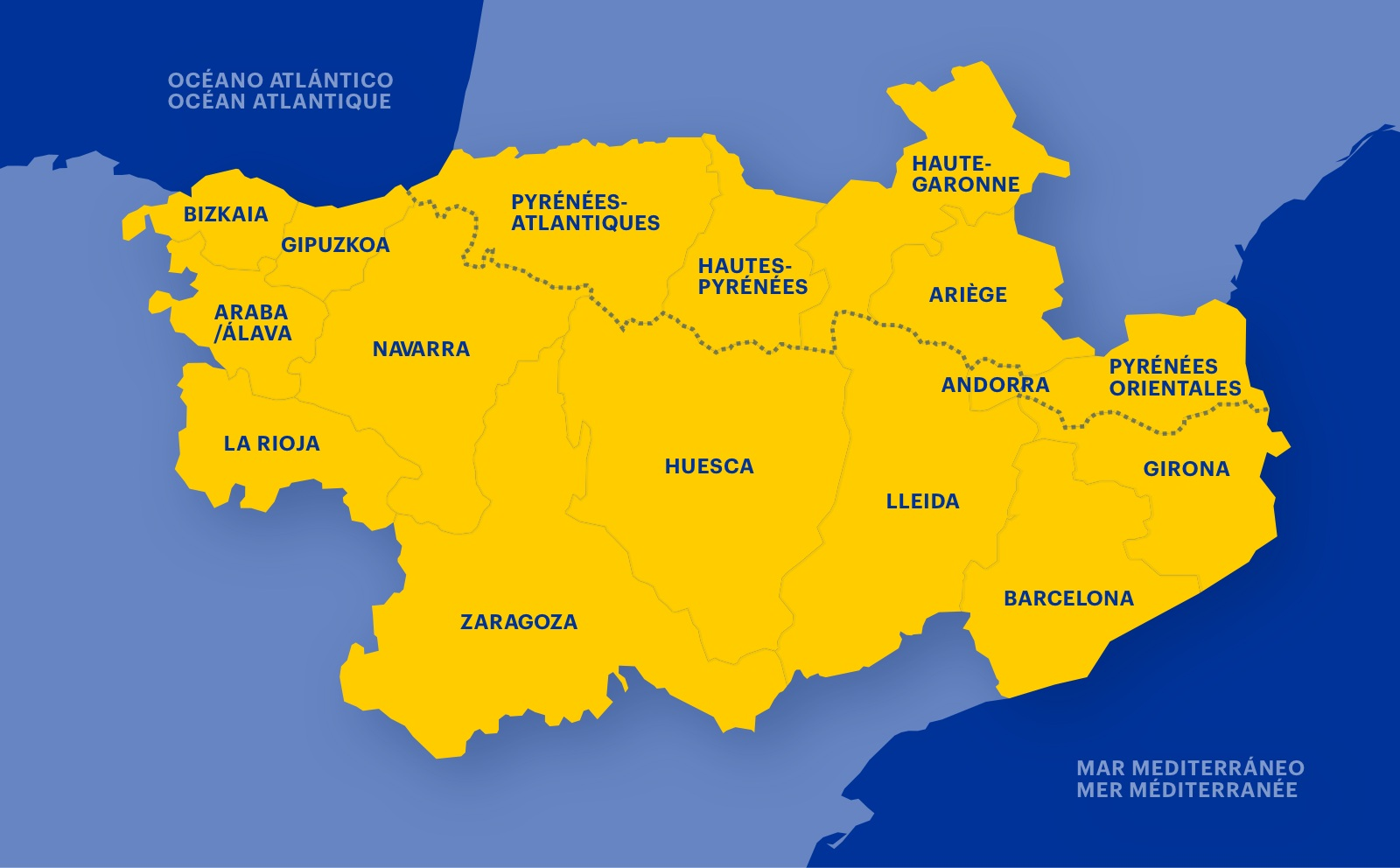 Fotografía del ámbito territorial de cooperación transfronteriza de la Comunidad de Trabajo de los Pirineos.