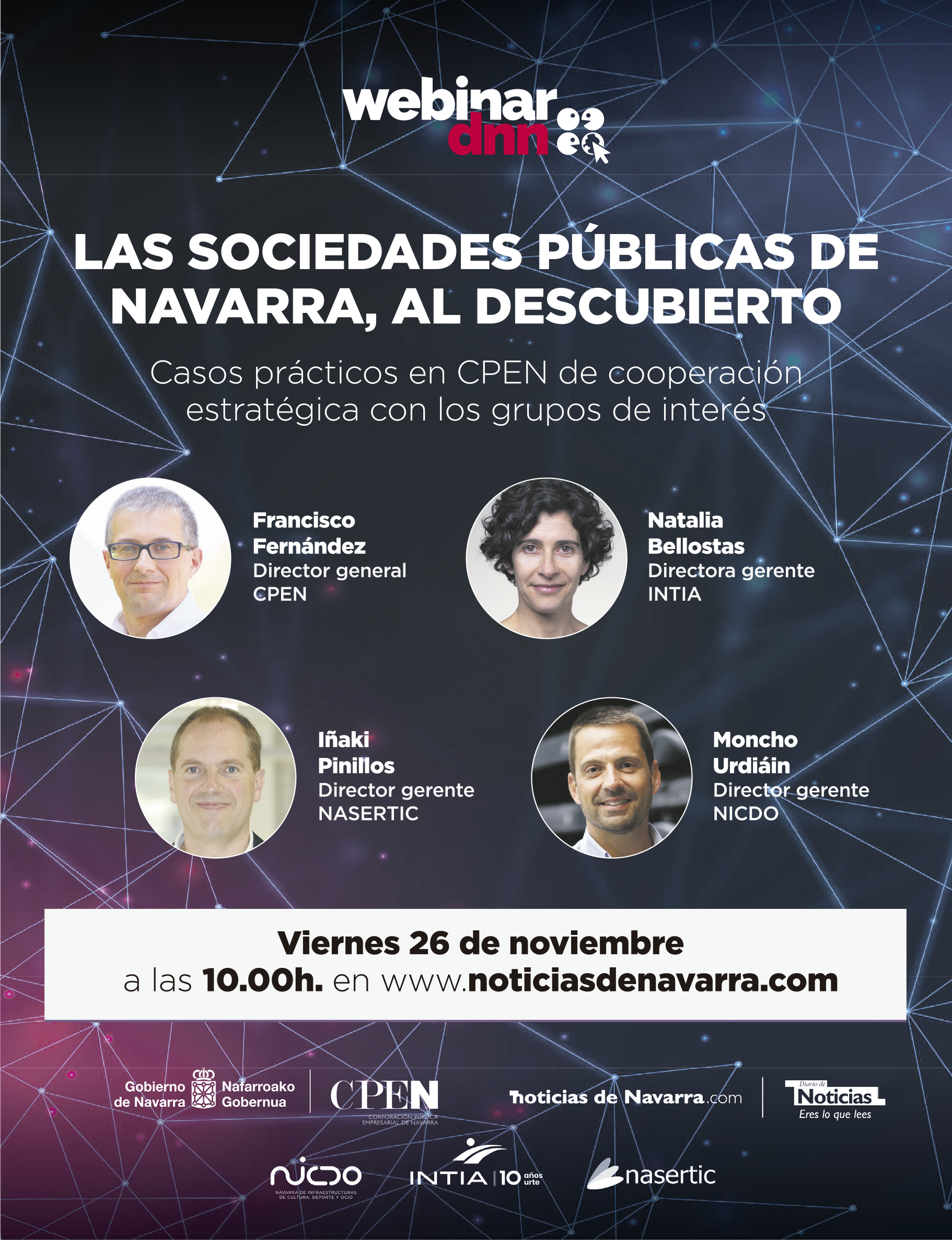 Anuncio del webinar. Sobre fondo oscuro, se lee el título del encuentro, se ven las fotos de los 4 participantes, horario, lugar y los logotipos de las empresas participantes.