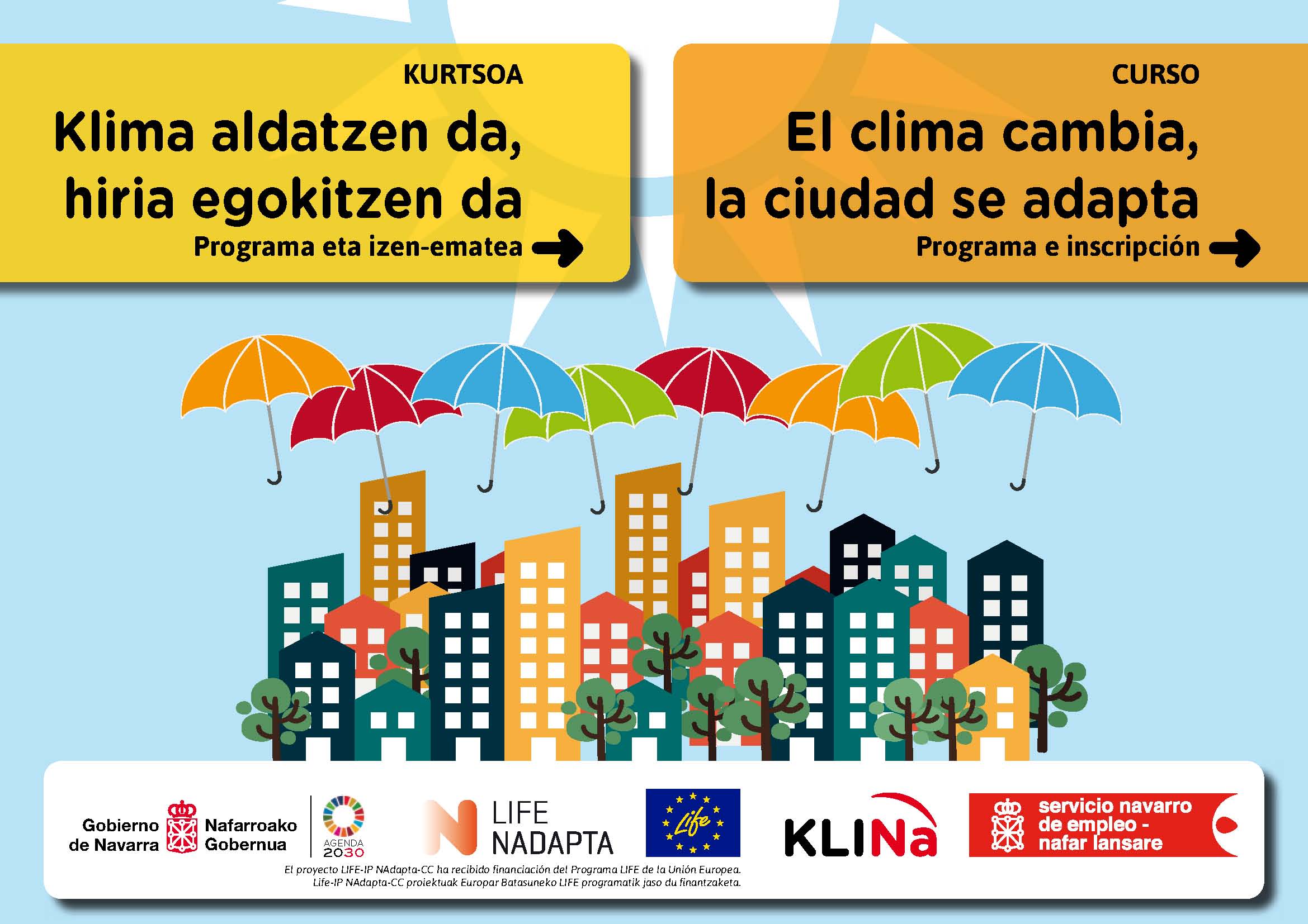 Fotografía del cartel promocional del curso, donde aparecen edificios, árboles y paraguas de colores