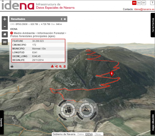 Ejemplo de imagen en 3D del visualizador de la Infraestructura de Datos Espaciales de Navarra (IDENA), desarrollado mediante la API SITNA.
