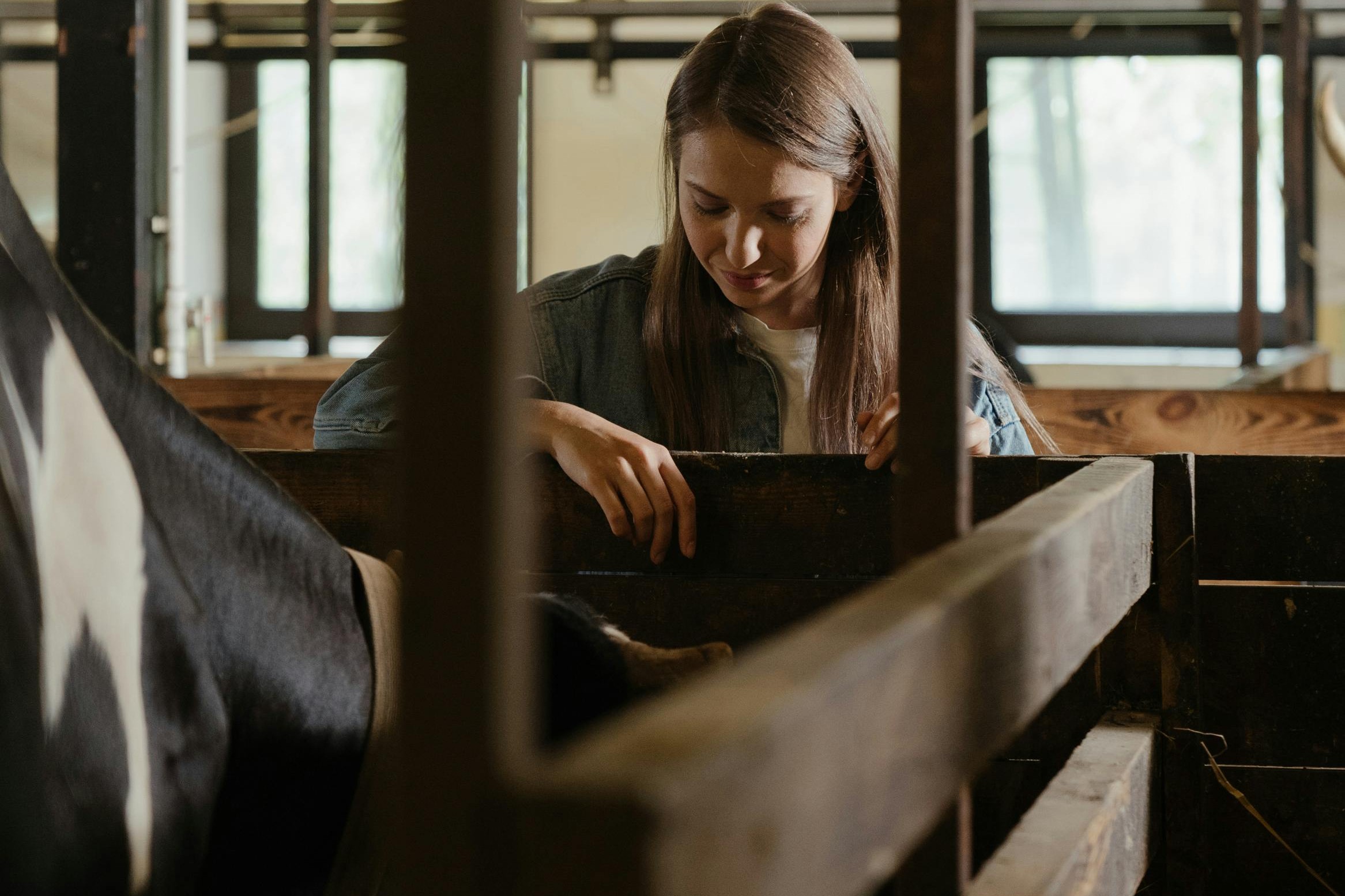 Una joven agricultora acariciando una vaca