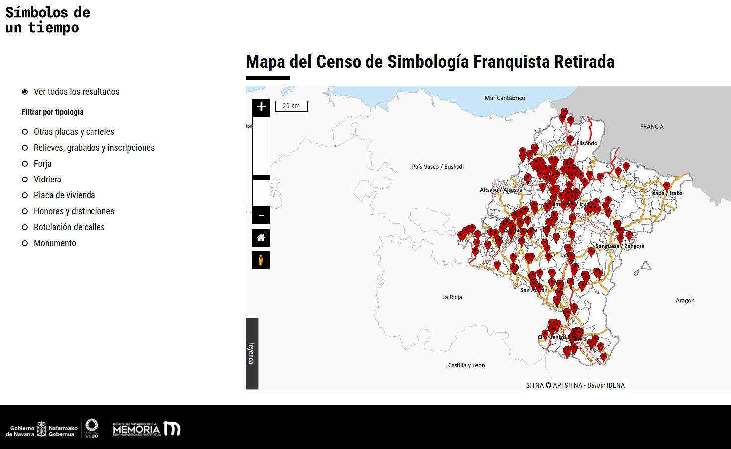 Mapa de Navarra con filtros, en el cual aparecen todos los símbolos franquistas retirados