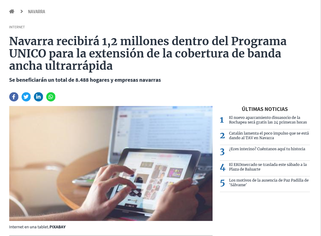 Fotografía del pantallazo de la noticia en la edición online del Diario de Navarra