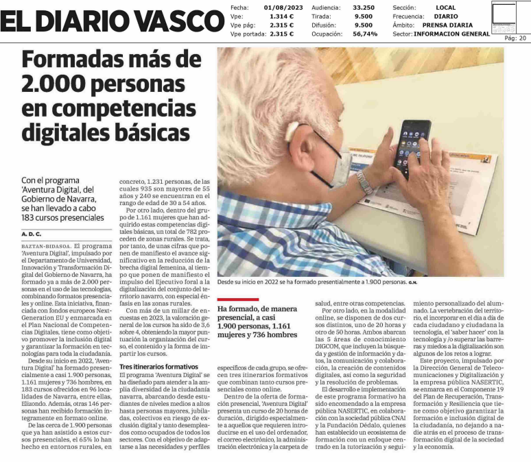 Fotografía del pantallazo de la noticia impresa de Diario Vasco