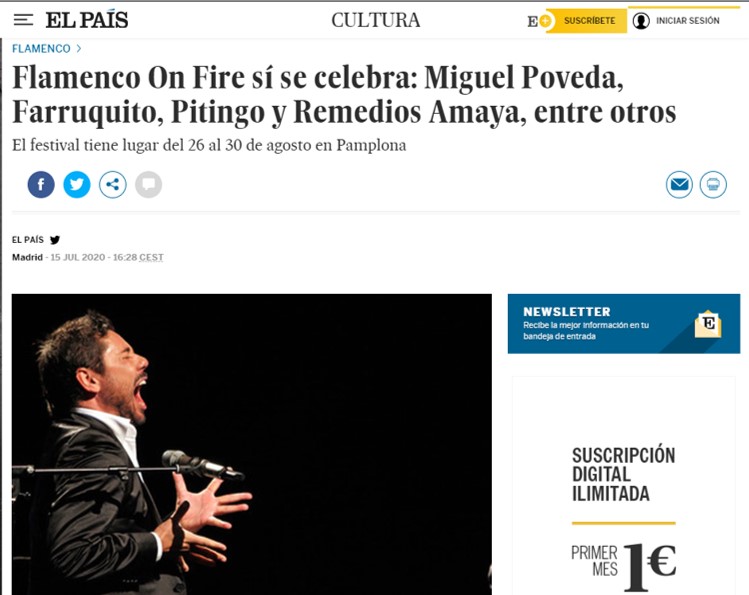 Noticia de El País en su edición nacional digital sobre el Flamenco On Fire