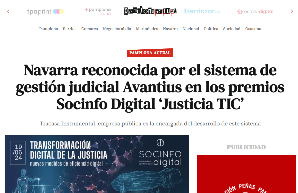 Fotografía del pantallazo de la noticia en la edición online de Pamplona Actual 