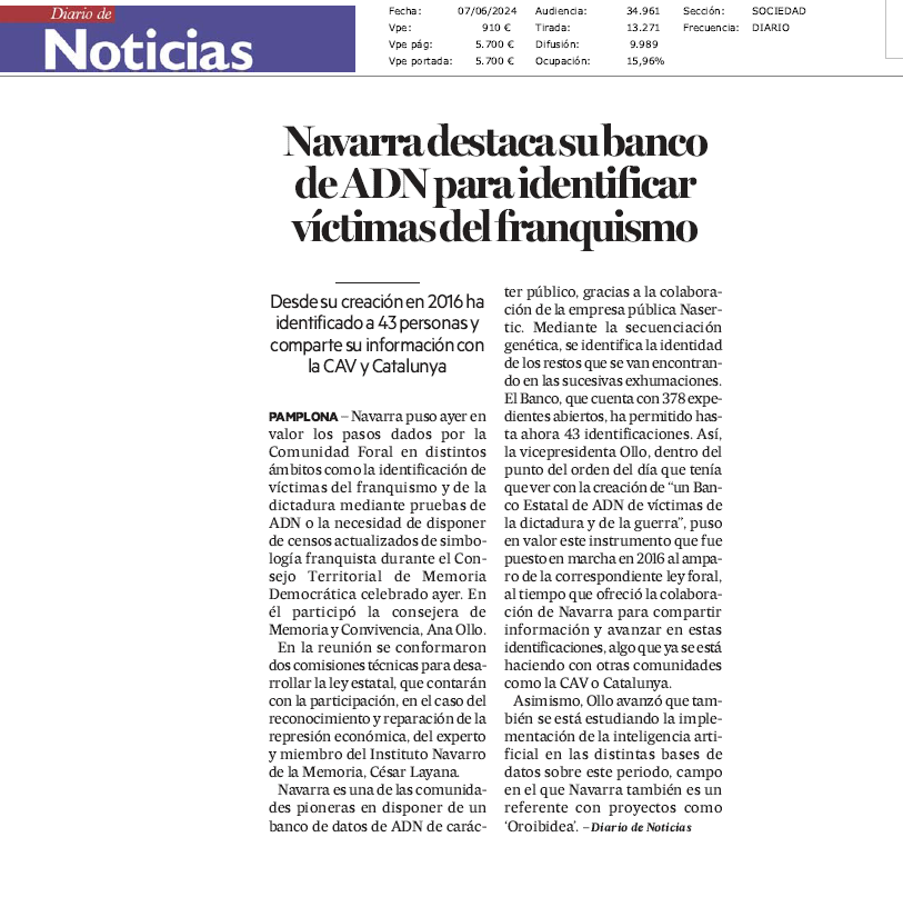 Fotografía del pantallazo de la noticia en la edición impresa de Diario de Noticias