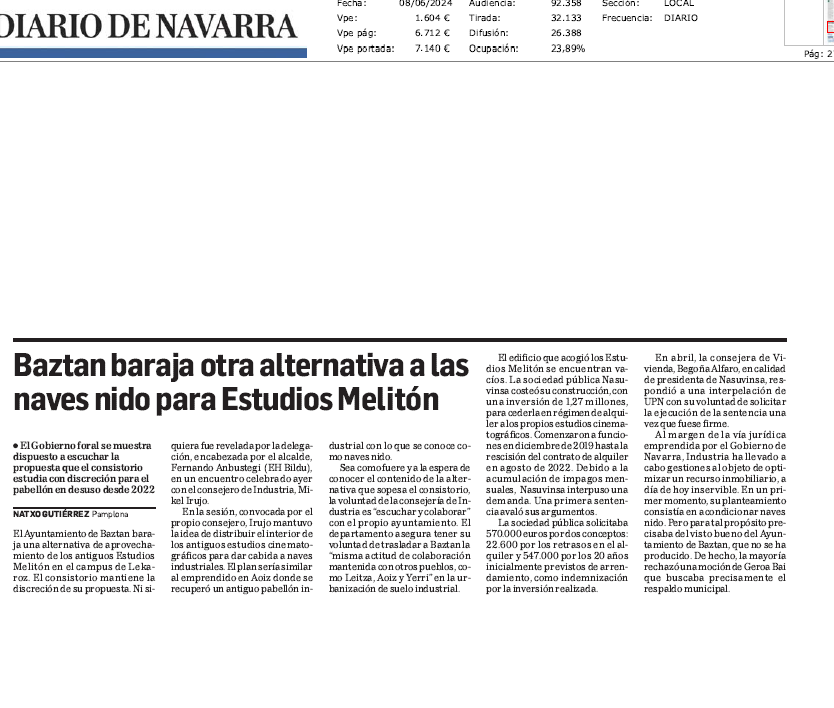 Fotografía del pantallazo de la noticia en la edición impresa de Diario de Navarra