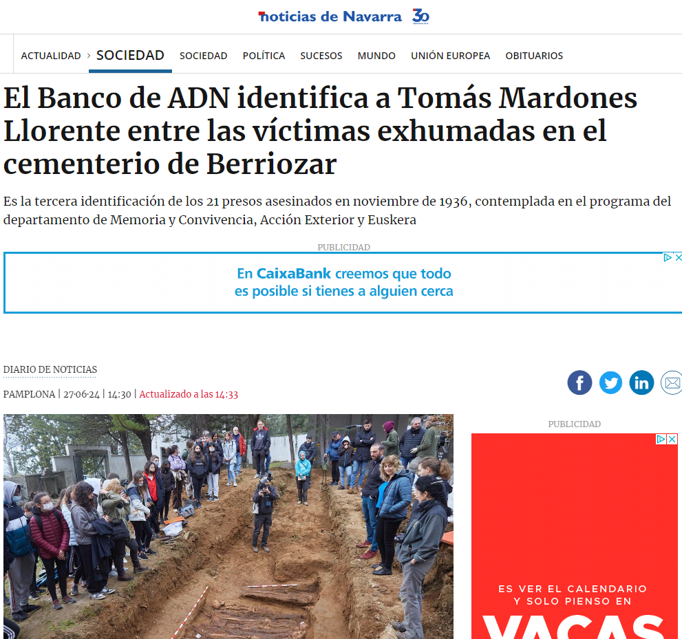 Fotografía del pantallazo de la noticia en la edición online de Diario de Noticias