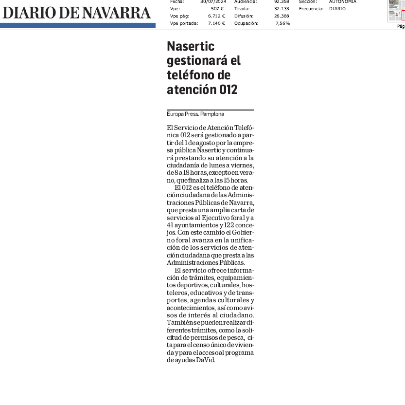 Fotografía del pantallazo de la noticia en la edición impresa del Diario de Navarra