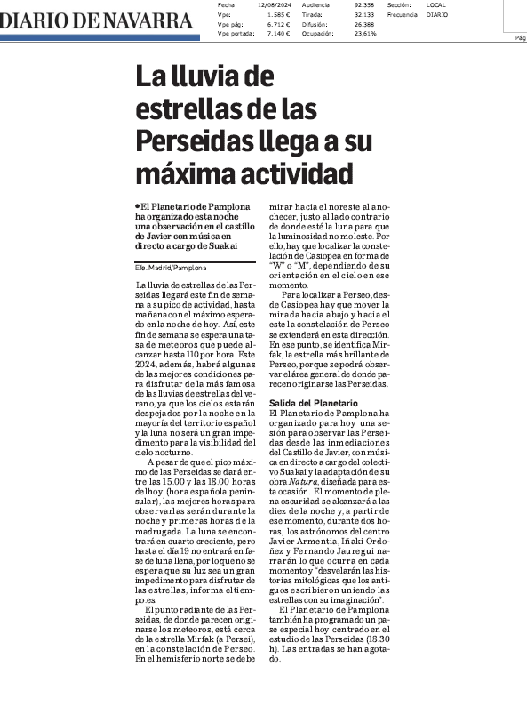 Fotografía del pantallazo de la noticia en la edición impresa del Diario de Navarra
