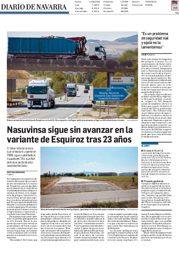 Fotografía del pantallazo de la noticia en la edición impresa de Diario de Navarra