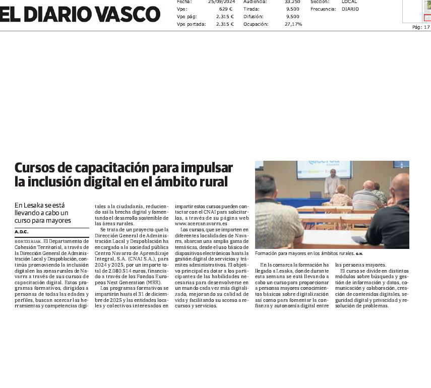 Fotografía del pantallazo de la noticia en la edición impresa del Diario Vasco