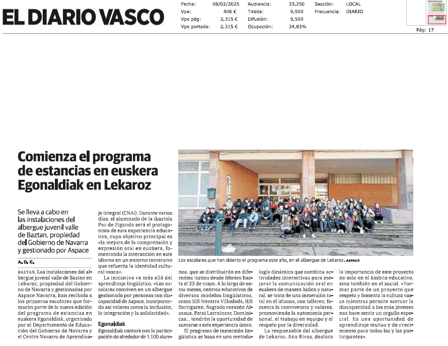 Fotografía del pantallazo de la noticia en la edición impresa del Diario Vasco