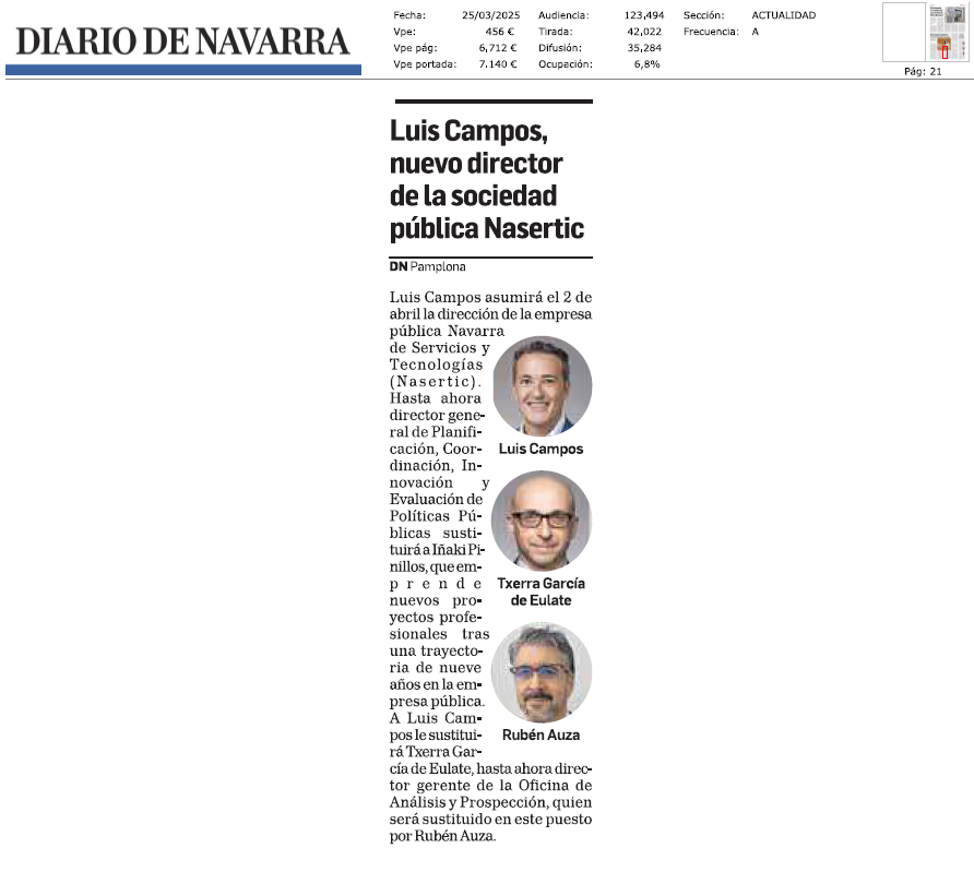 Fotografía del pantallazo de la noticia en la edición impresa de Diario de Navarra