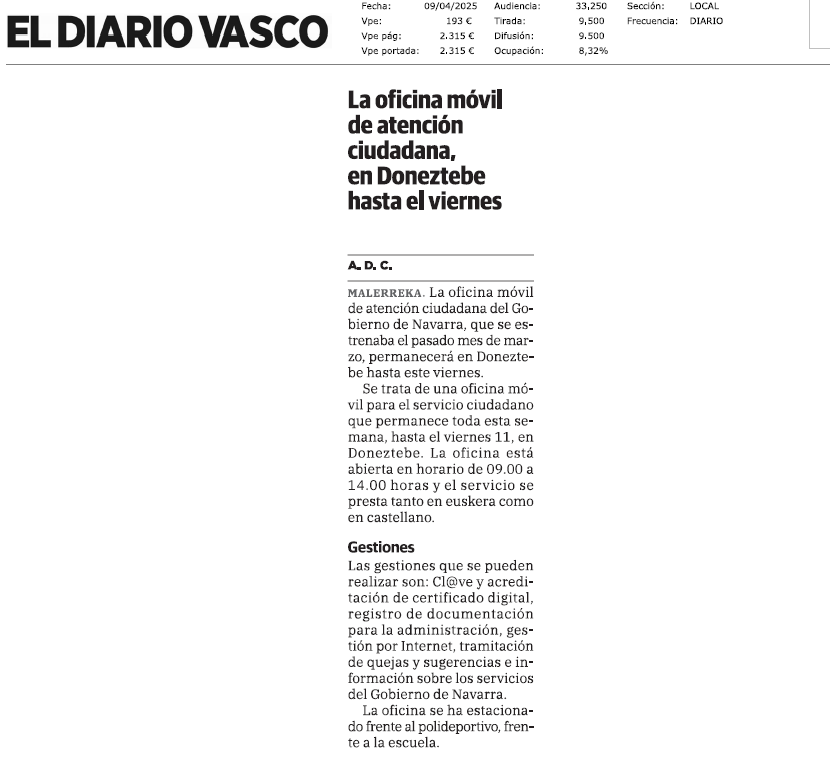 Fotografía del pantallazo de la noticia en la edición impresa del Diario Vasco
