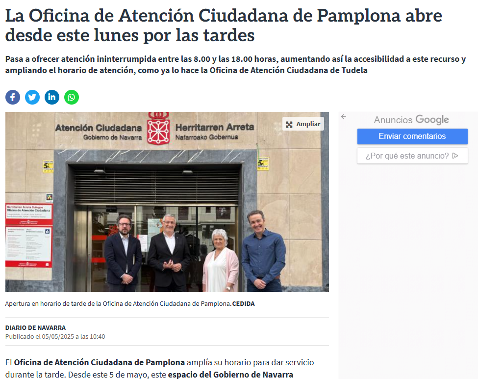 Fotografía del pantallazo de la noticia en la edición online de Diario de Navarra
