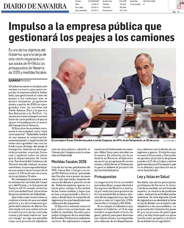 Fotografía del pantallazo de la noticia en la edición impresa del Diario de Navarra