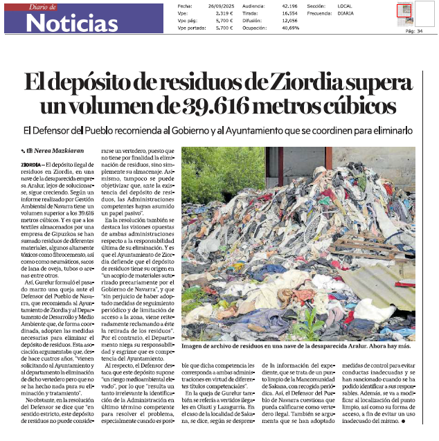 Fotografía del pantallazo de la noticia en la edición impresa del Diario de Noticias
