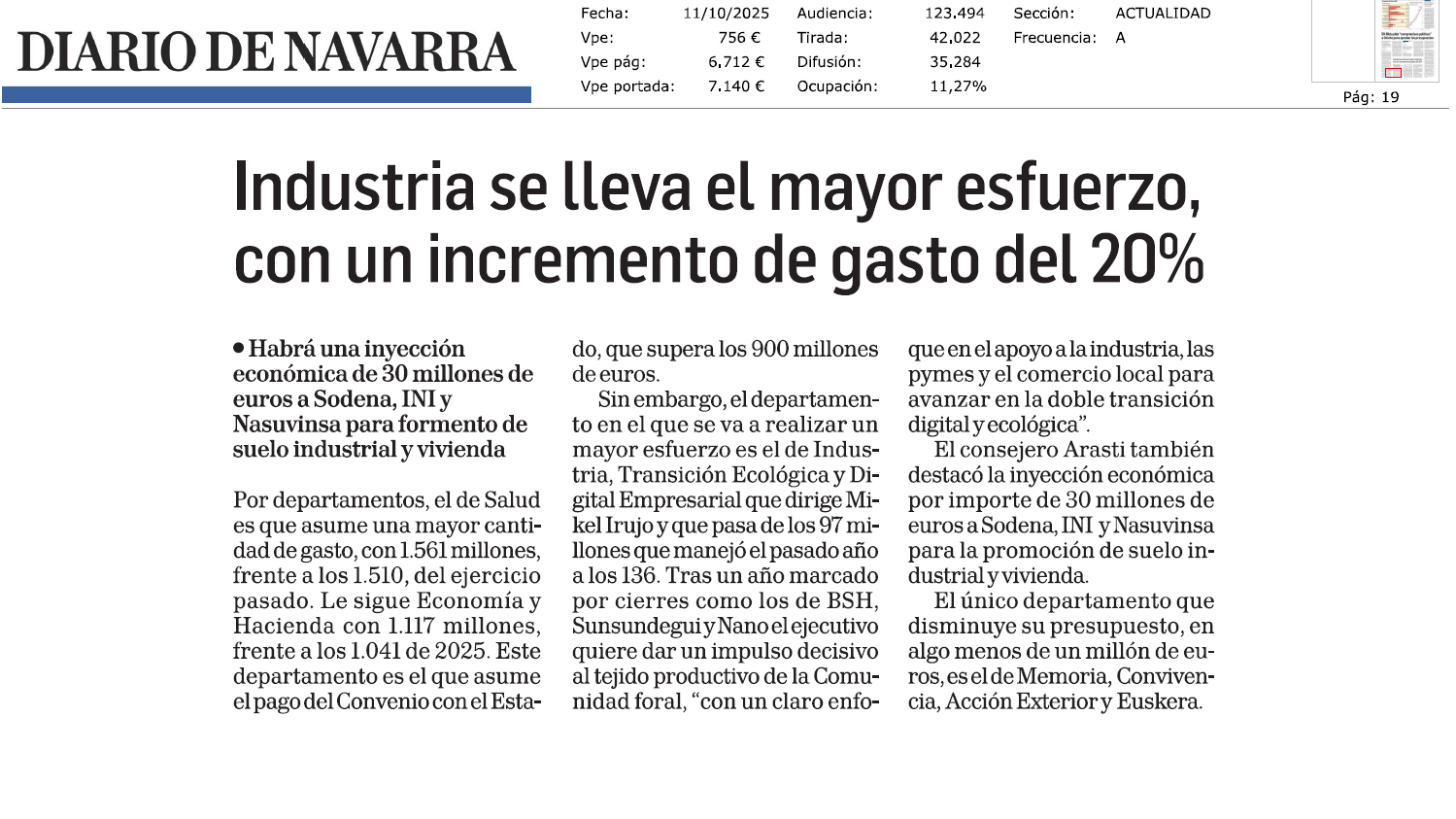Fotografía del pantallazo de la noticia en la edición impresa del Diario de Navarra
