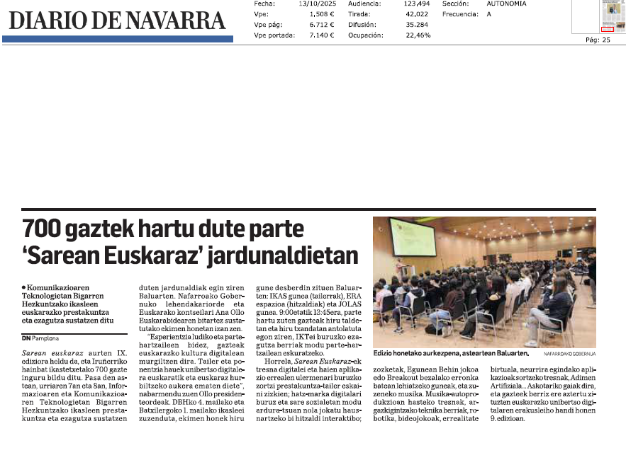 Fotografía del pantallazo de la noticia en la edición impresa del Diario de Navarra