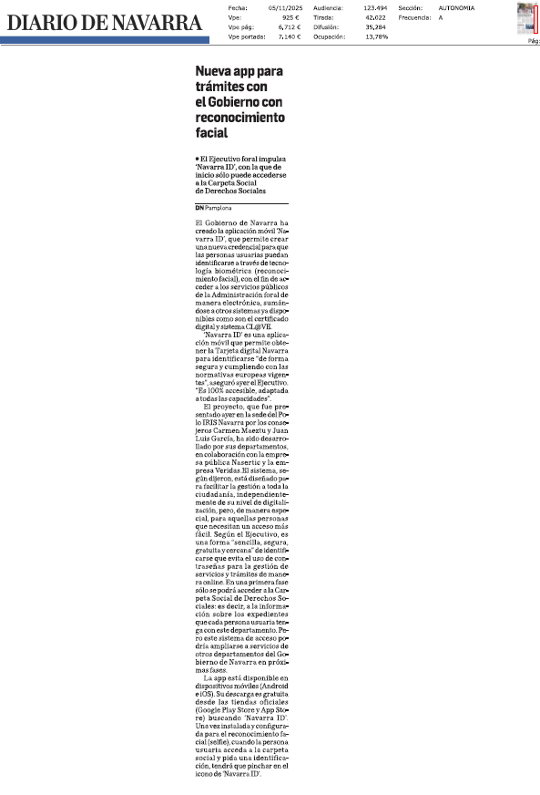 Fotografía del pantallazo de la noticia en la edición impresa de Diario de Navarra