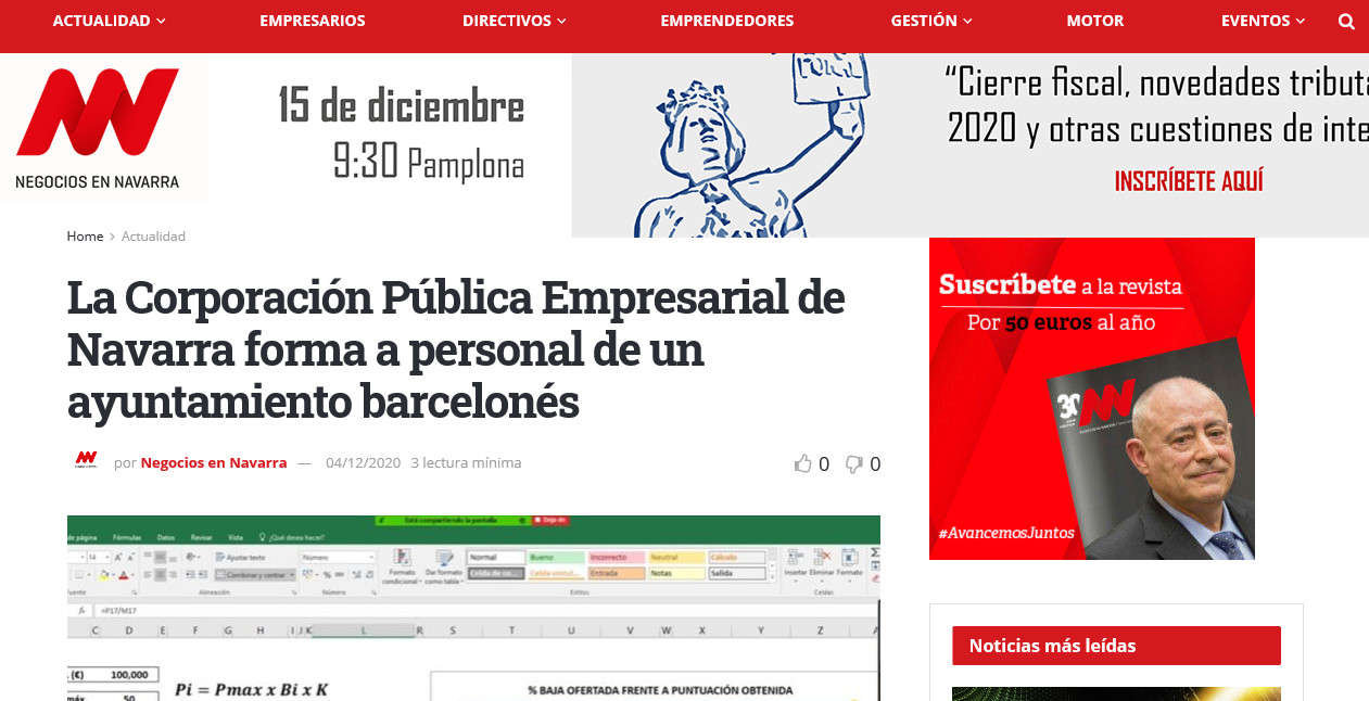 Noticia en la edición online de Negocios en Navarra
