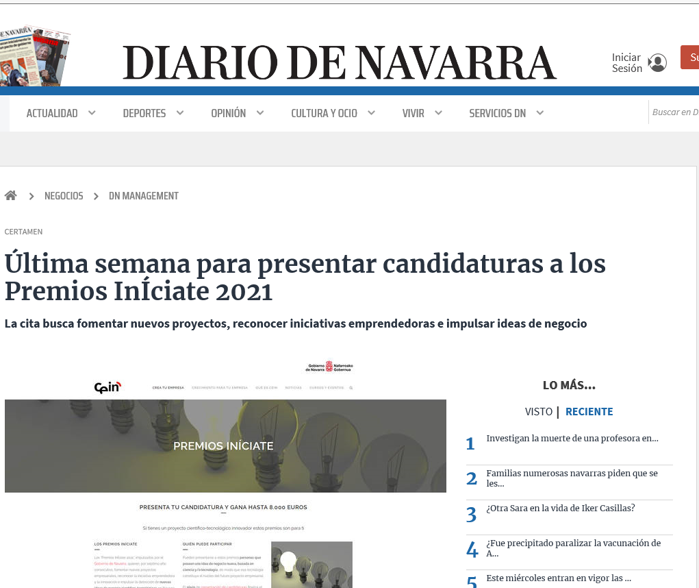 Fotografía del pantallazo de la noticia en la edición online del Diario de Navarra