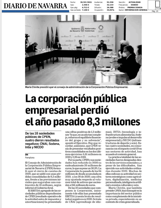 Fotografía del pantallazo de la noticia en la edición impresa del Diario de Navarra