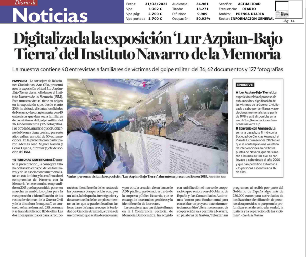 Fotografía del pantallazo de la noticia en la edición impresa del Diario de Noticias
