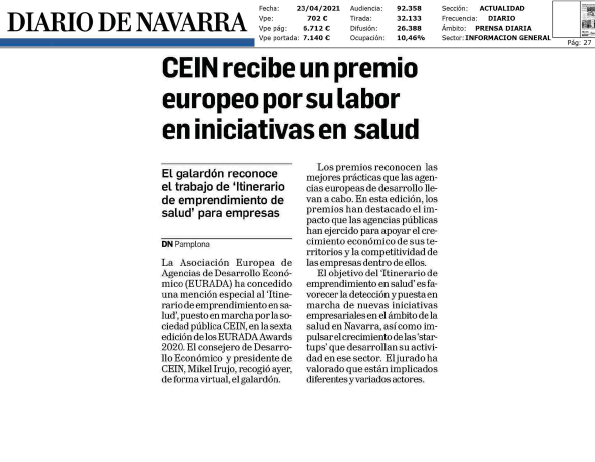 Fotografía del pantallazo de la noticia en la edición impresa del Diario de Navarra