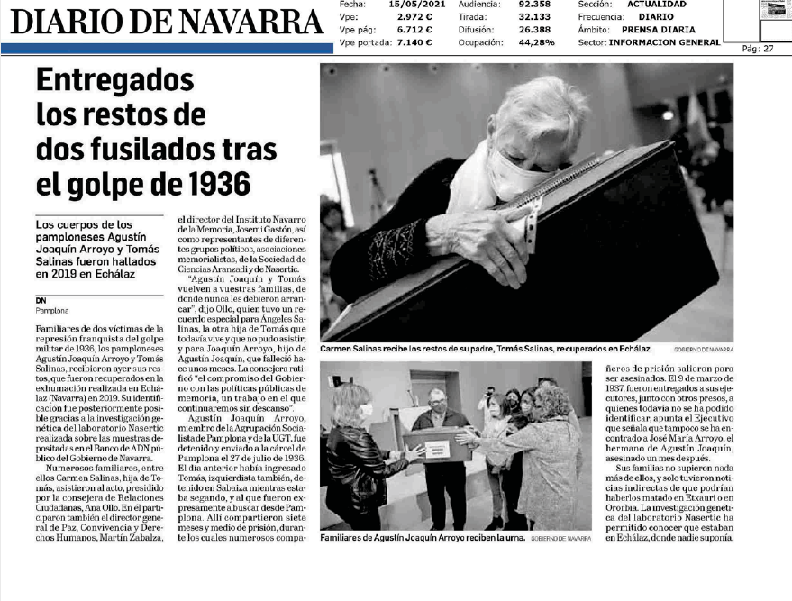 Fotografía del pantallazo de la noticia en la edición impresa del Diario de Navarra