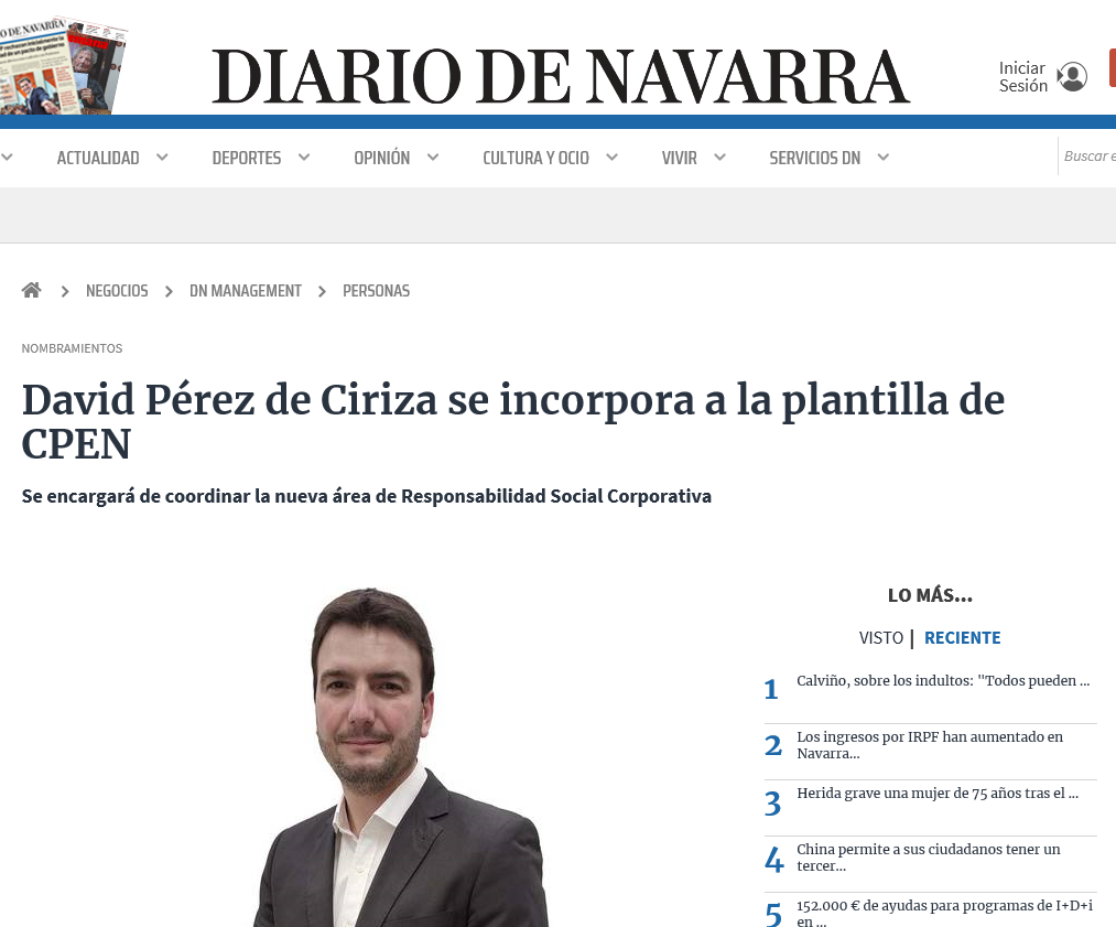 Fotografía del pantallazo de la noticia en la edición online del Diario de Navarra