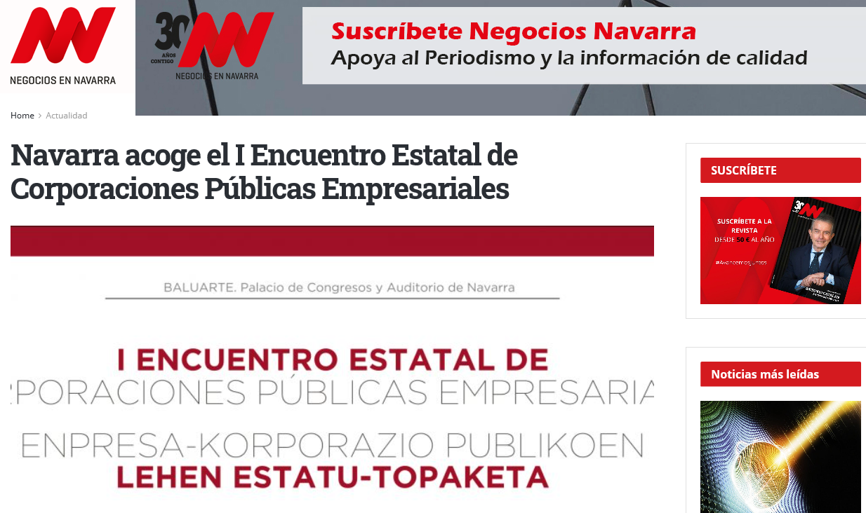 Fotografía del pantallazo de la noticia en la edición digital de Negocios en Navarra