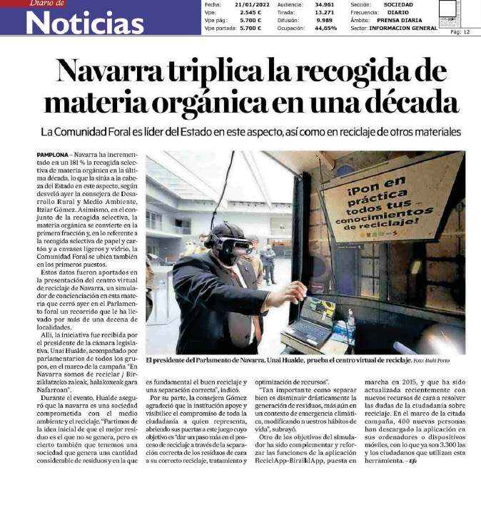 Fotografía del pantallazo de la noticia en la edición impresa del Diario de Noticias.