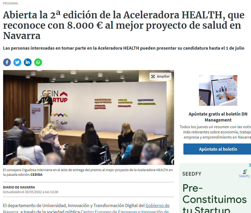 Fotografía del pantallazo de la noticia en la edición digital del Diario de Navarra