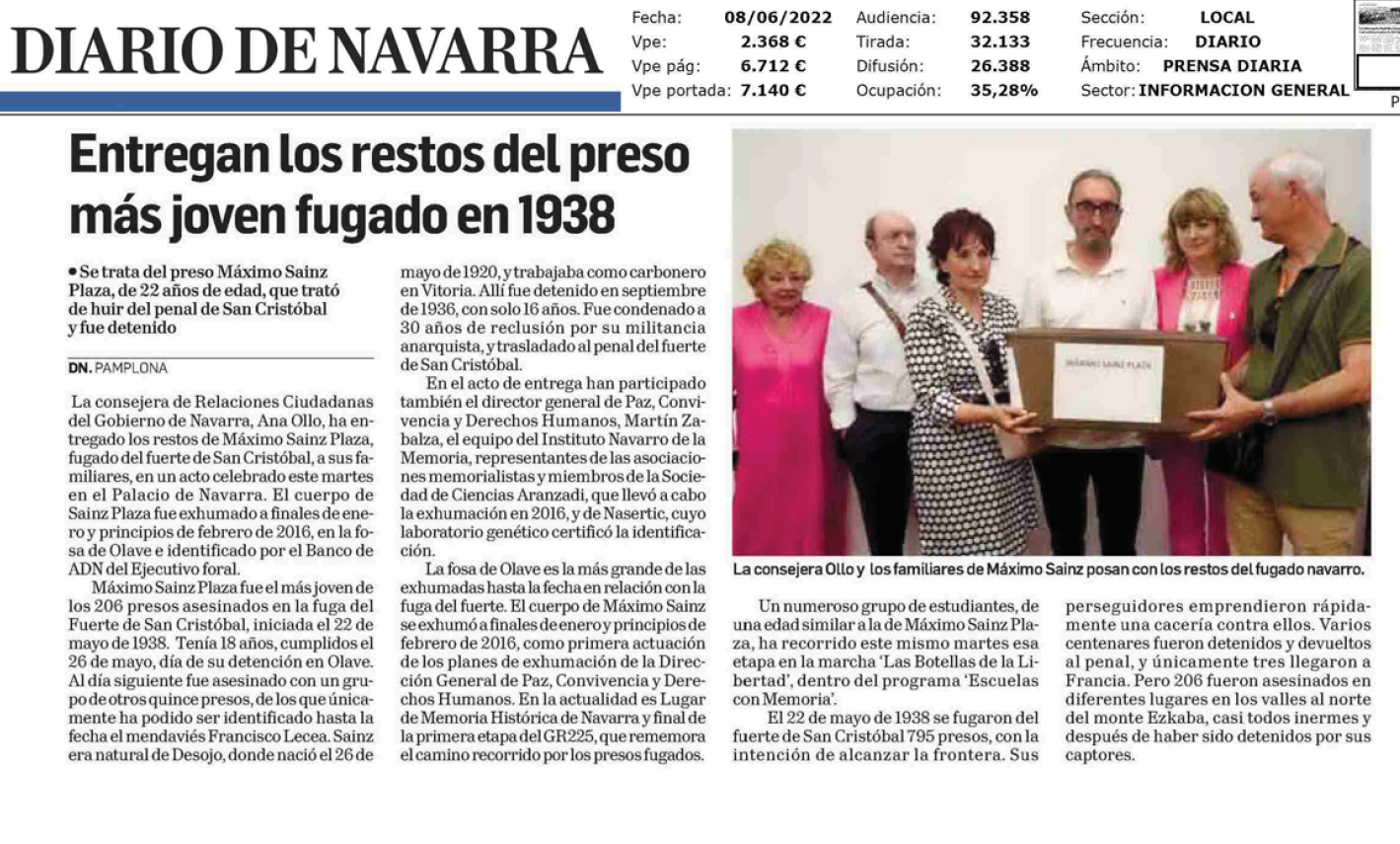 Fotografía del pantallazo de la noticia en la edición impresa del Diario de Navarra