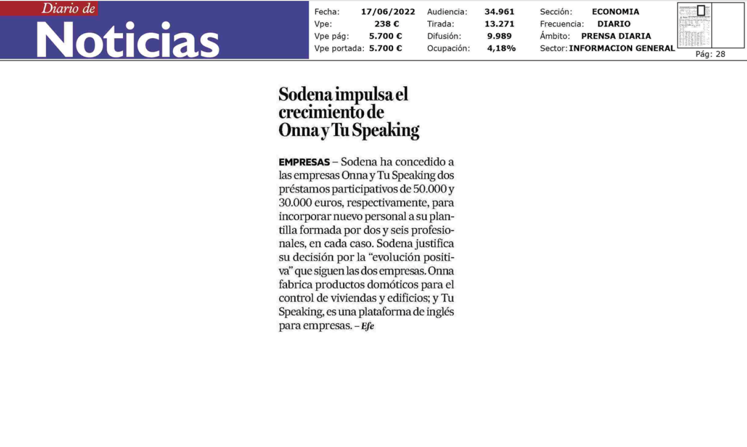 Fotografía del pantallazo de la noticia en la edición impresa del Diario de Noticias